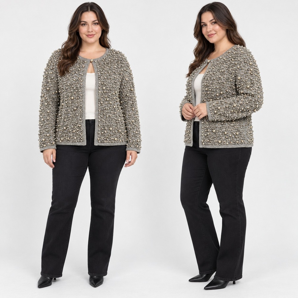 Bloomingdales Silk Cashmere Cardigan Sweater XL Gray Pearl Beaded Evening